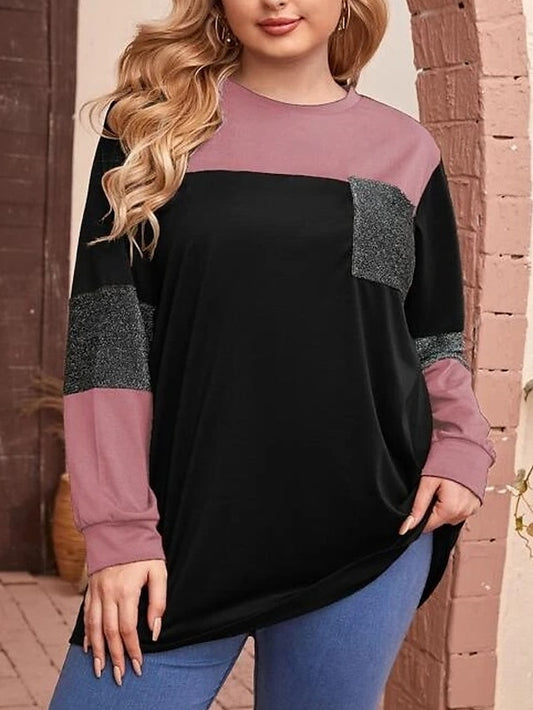 Women's Blouse Black Color Block Patchwork Long Sleeve Daily Vacation Fashion Casual Crew Neck Plus Size L - LuckyFash™