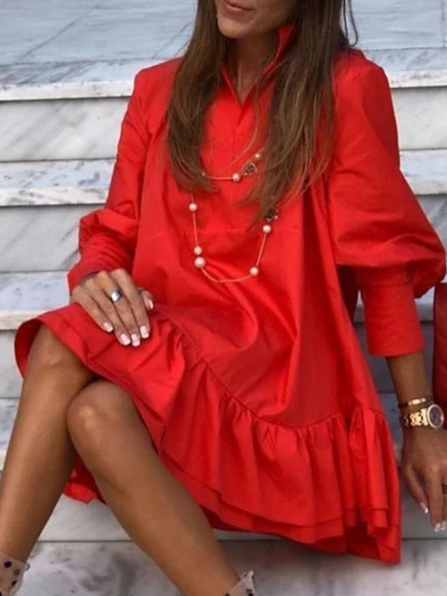 Womenâ€˜s A Line Dress Tiered Dress Mini Dress Black White Red Long Sleeve Pure Color Ruffle Fall V Neck Casual Winter Dress Fall Dress 2023 S M L XL XXL 3XL - LuckyFash™