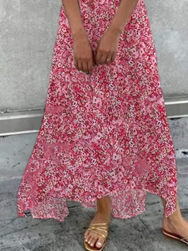 Women's A Line Dress Maxi long Dress Pink Short Sleeve Floral Print Ruched Swing Dress Spring Summer Dress V Neck Romantic Vacation 2023 S-3XL - LuckyFash™