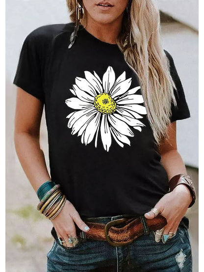 Women's T shirt Tee Black White Wine Graphic Letter Print Short Sleeve Daily Holiday Basic Round Neck Regular 100% Cotton Painting S - LuckyFash™