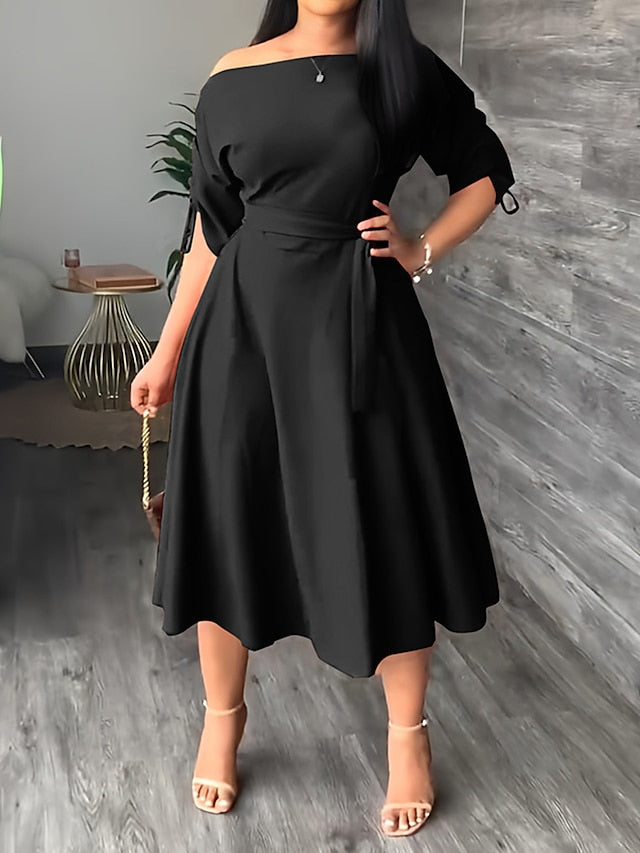 Women's Work Dress Swing Dress Semi Formal Dress Fashion Midi Dress Lace up Off Shoulder Long Sleeve Plain Loose Fit Black Red Blue Summer Spring S M L XL - LuckyFash™