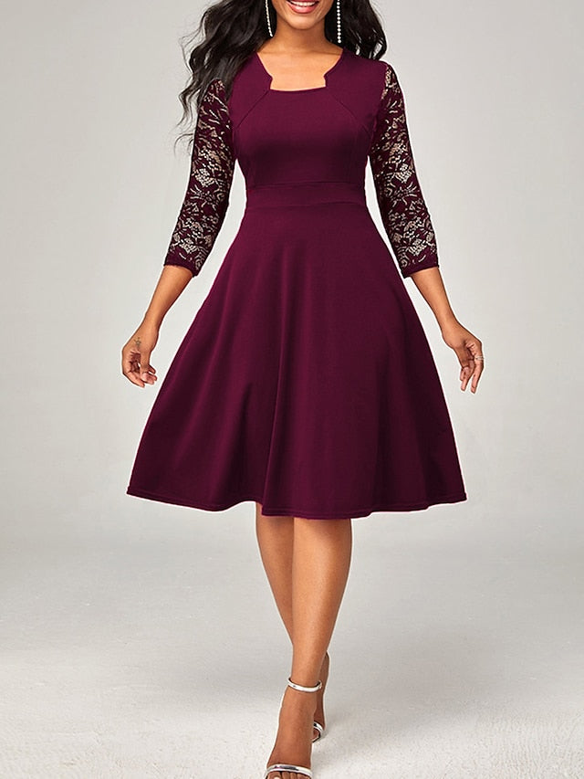 Women's Work Dress Swing Dress Semi Formal Dress Fashion Lace Sleeve Midi Dress Lace Square Neck 3/4 Length Sleeve Plain Slim Black Wine Red Summer Spring S M L XL XXL - LuckyFash™