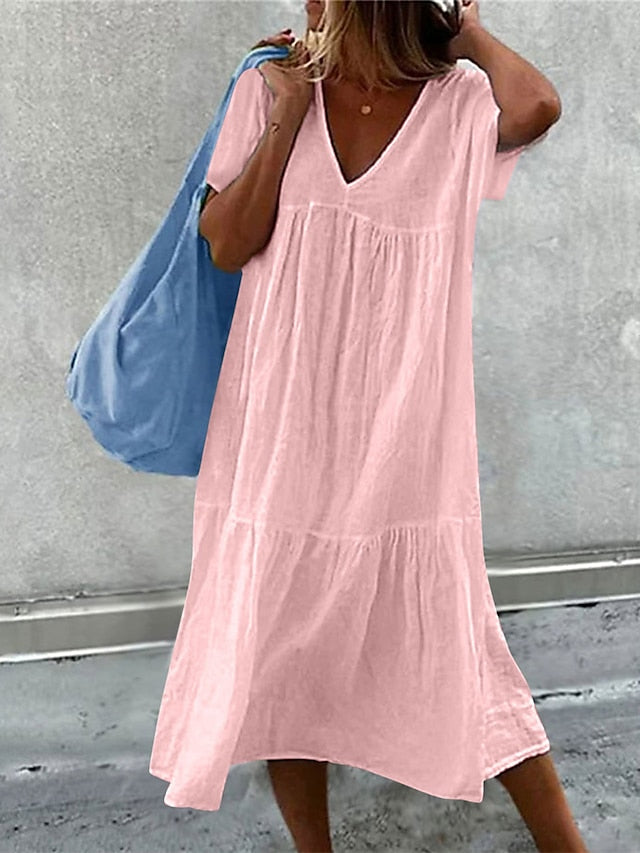 Women's Casual Dress Summer Dress Plain Dress Plain Ruched Patchwork V Neck Midi Dress Basic Modern Outdoor Daily Short Sleeve Loose Fit Black White Pink Summer Spring S M L XL XXL - LuckyFash™