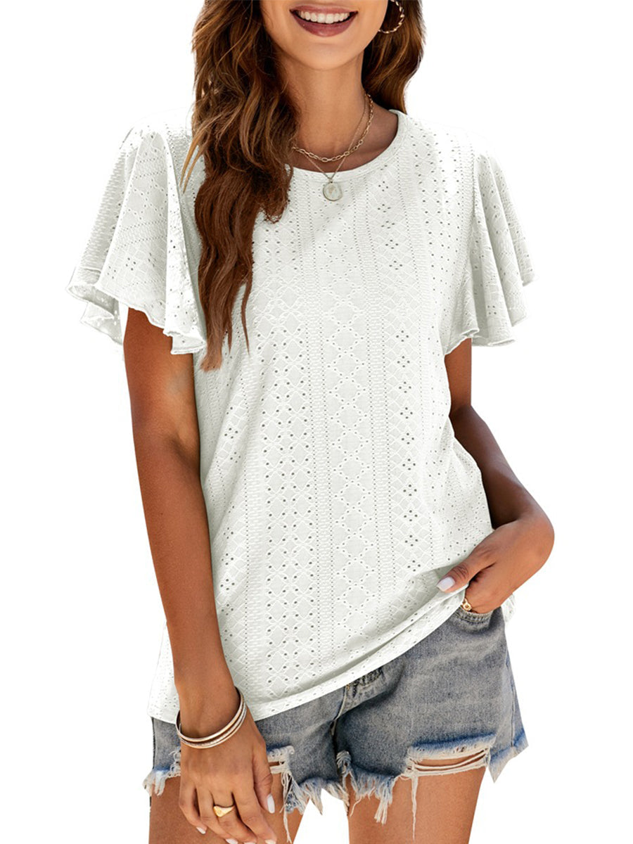 Women’s T-Shirts Hollow Ruffle Sleeve Casual Round Neck T-Shirt - LuckyFash™