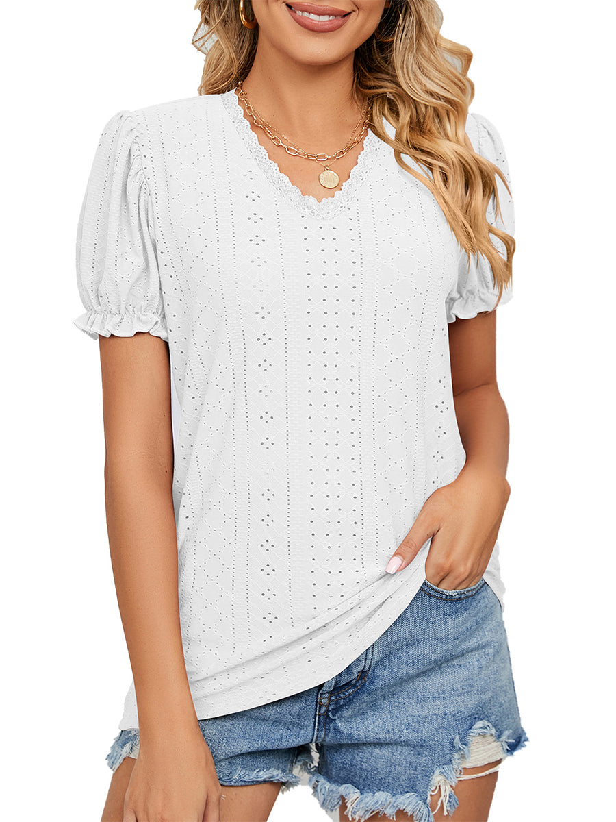 T-Shirts Solid Color Lace Stitching Hollow V-Neck T-Shirt - LuckyFash™