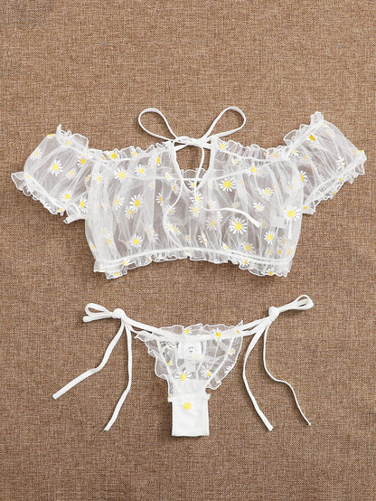 Daisy Floral Frill Trim Bardot Mesh Lingerie Set - LuckyFash™