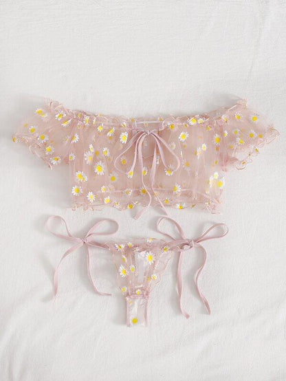 Daisy Floral Frill Trim Bardot Mesh Lingerie Set - LuckyFash™