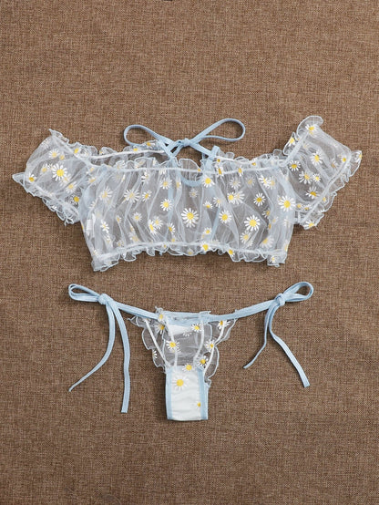 Daisy Floral Frill Trim Bardot Mesh Lingerie Set - LuckyFash™