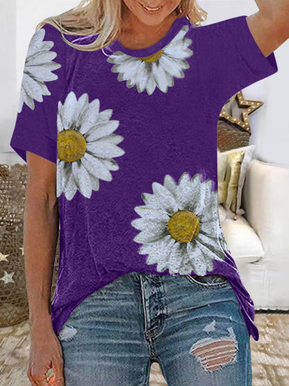 Daisy Print Round Neck Short Sleeve T-Shirt - LuckyFash™