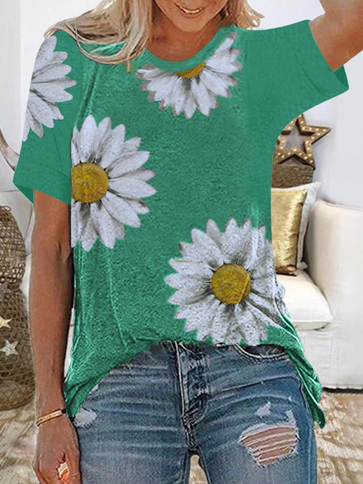 Daisy Print Round Neck Short Sleeve T-Shirt - LuckyFash™