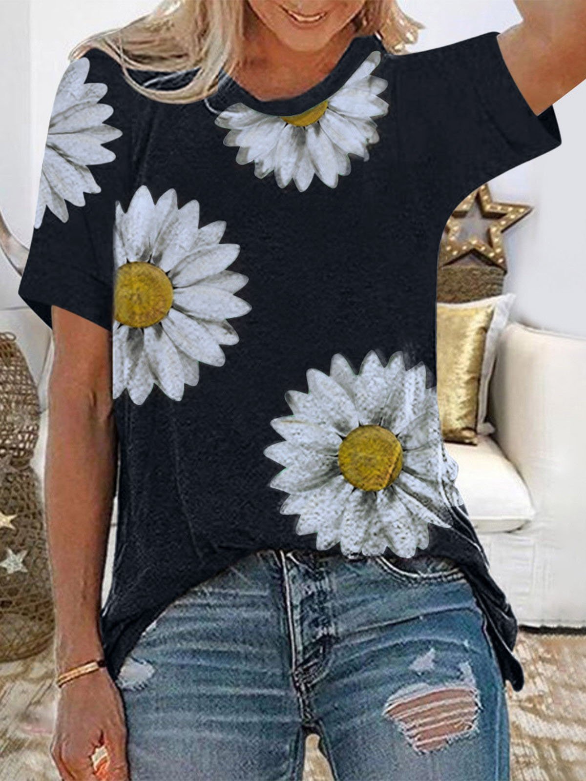 Daisy Print Round Neck Short Sleeve T-Shirt - LuckyFash™