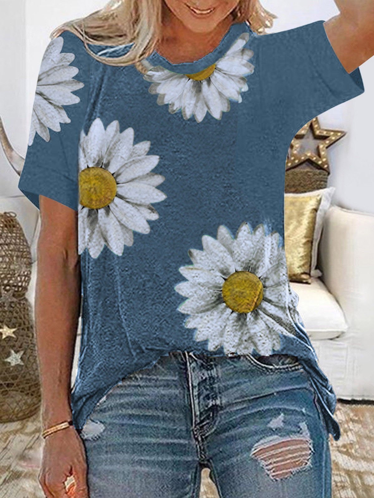 Daisy Print Round Neck Short Sleeve T-Shirt - LuckyFash™