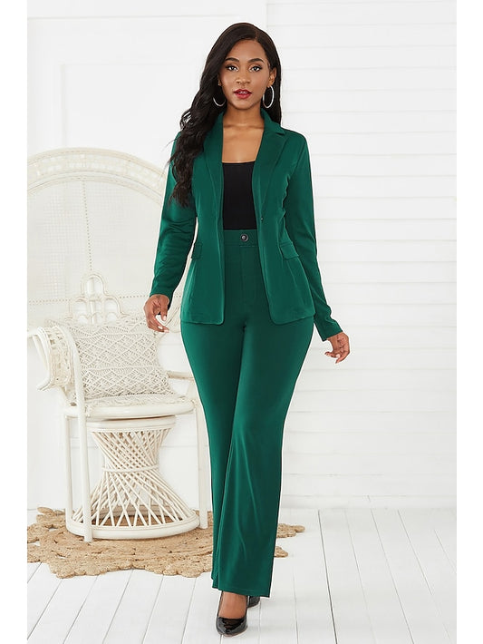 Women's Blazer Office Suit Pants Sets Basic Green Black Office Wear to work Solid Color Shirt Collar S M L XL - LuckyFash™