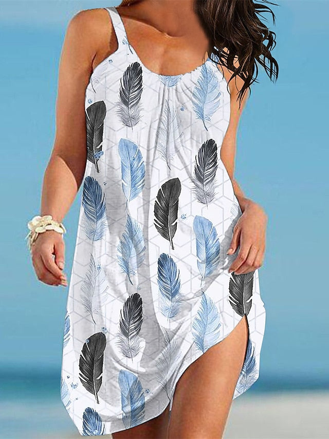 Women's Beach Dress Beach Wear Mini Dress Feather Basic Casual Leaf Spaghetti Strap Sleeveless Regular Fit Outdoor Vacation Light Blue White 2023 Summer Spring S M L XL - LuckyFash™