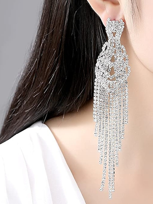 1 Pair Mecresh Silver Rhinestone Crystal Bridal Chandelier Long Tassels Dangle Leaf Earrings for Wedding Party Evening Date - LuckyFash™