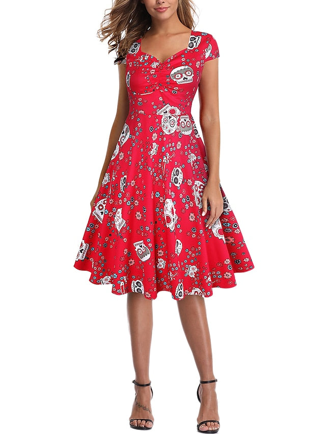 Women's 1950s Vintage Vintage Dress Midi Dress Going out Summer Dress Print Bull One Shoulder Short Sleeve Regular Fit Summer Spring 2023 Red S M L XL - LuckyFash™