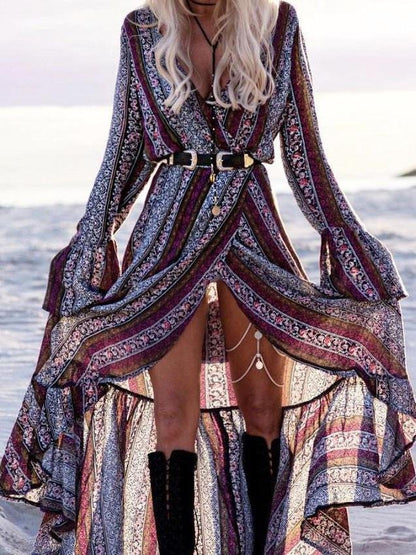 Deep V-Neck Bohemian Print Tether Beach Dress - LuckyFash™