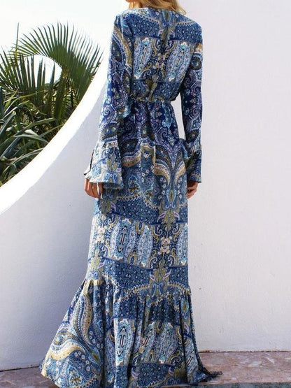 Deep V-Neck Bohemian Print Tether Beach Dress - LuckyFash™