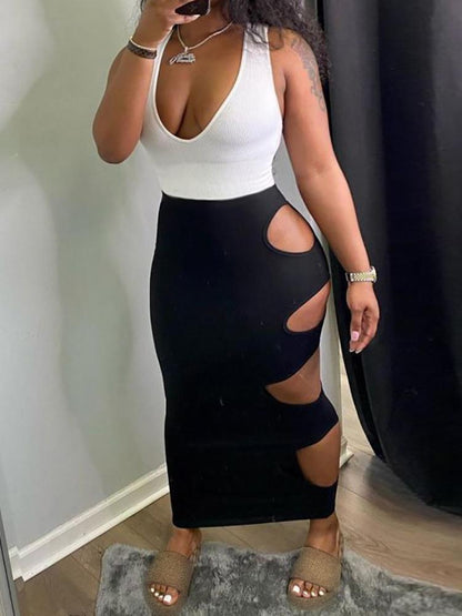 Deep V-neck Colorblock Cutout Thick Strap Maxi Dress - LuckyFash™
