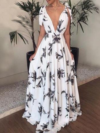 Deep V Neck Flower Printed Shoulder Straps Dress - LuckyFash™