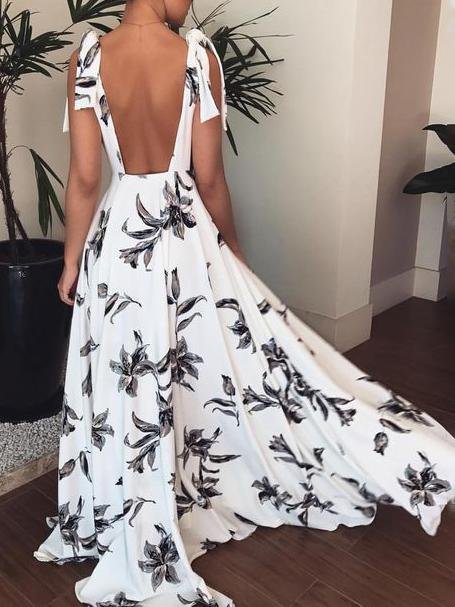 Deep V Neck Flower Printed Shoulder Straps Dress - LuckyFash™