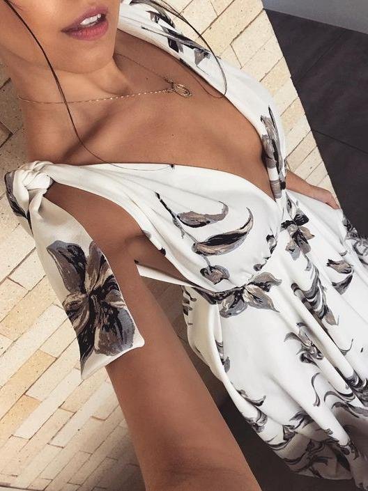 Deep V Neck Flower Printed Shoulder Straps Dress - LuckyFash™