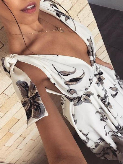 Deep V Neck Flower Printed Shoulder Straps Dress - LuckyFash™