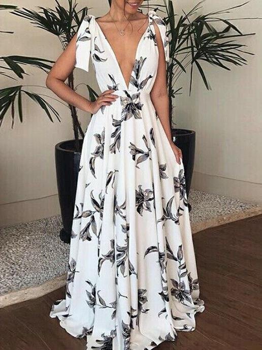 Deep V Neck Flower Printed Shoulder Straps Dress - LuckyFash™