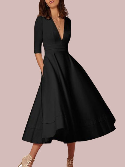 Deep V Neck Mid-sleeve Midi Dress - LuckyFash™