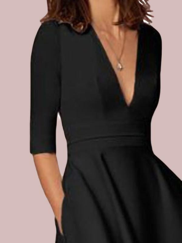 Deep V Neck Mid-sleeve Midi Dress - LuckyFash™