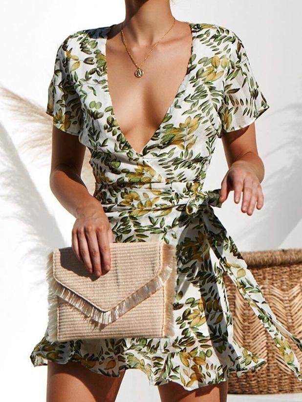 Deep V-Neck Short Sleeve Printed Mini Dress - LuckyFash™