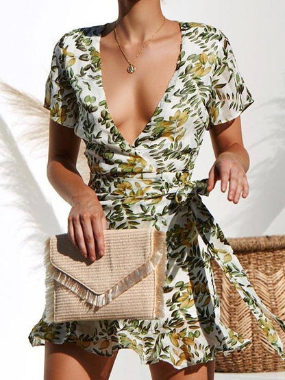 Deep V-Neck Short Sleeve Printed Mini Dress - LuckyFash™