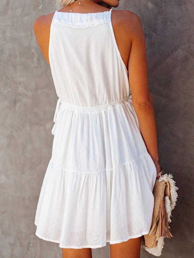 Deep V-Neck Sleeveless Lotus Leaf Stitching Dress - LuckyFash™