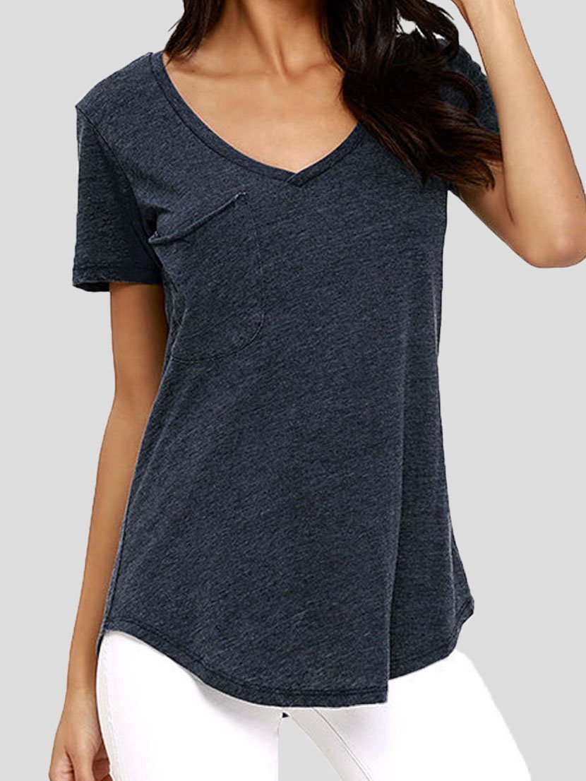 Deep V-Neck Solid Short Sleeve Casual T-Shirt - LuckyFash™