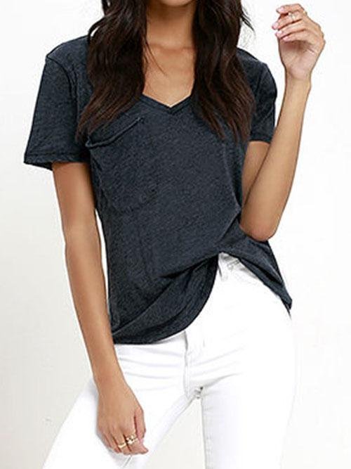Deep V-Neck Solid Short Sleeve Casual T-Shirt - LuckyFash™