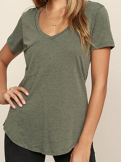 Deep V-Neck Solid Short Sleeve Casual T-Shirt - LuckyFash™