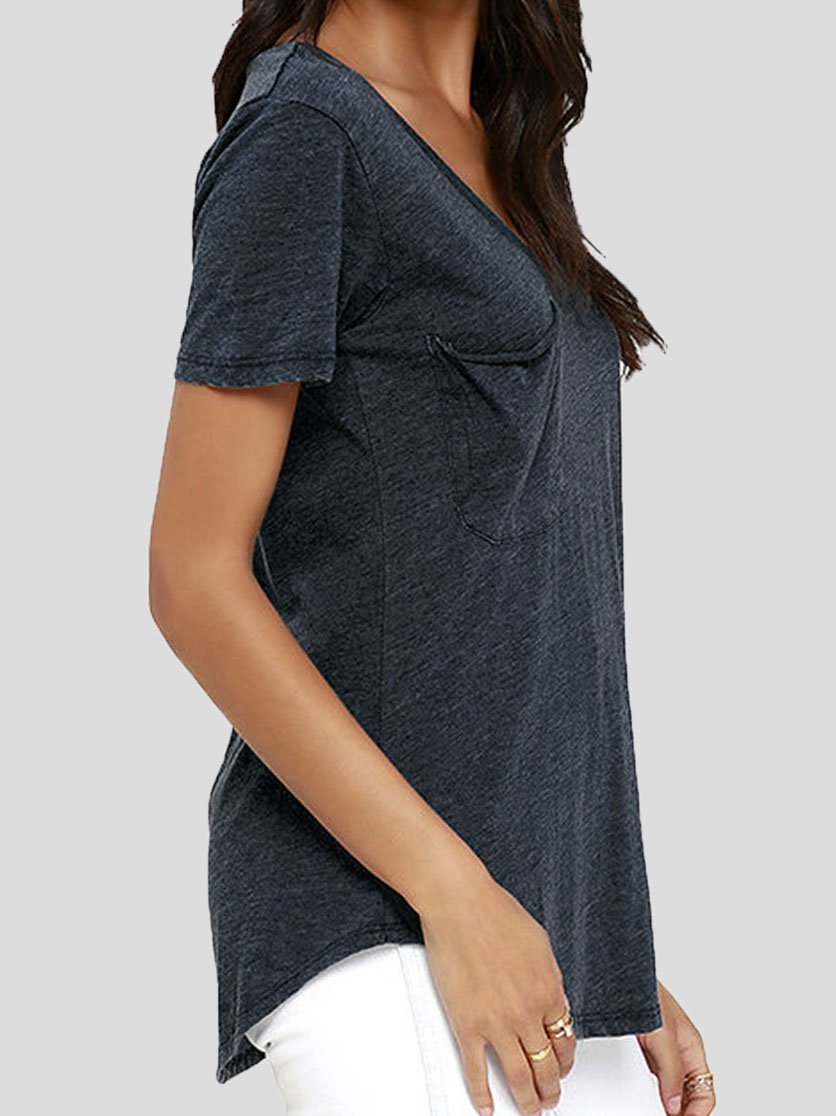 Deep V-Neck Solid Short Sleeve Casual T-Shirt - LuckyFash™
