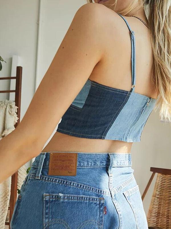 Denim Color Matching Sling Cropped Tank Top - LuckyFash™