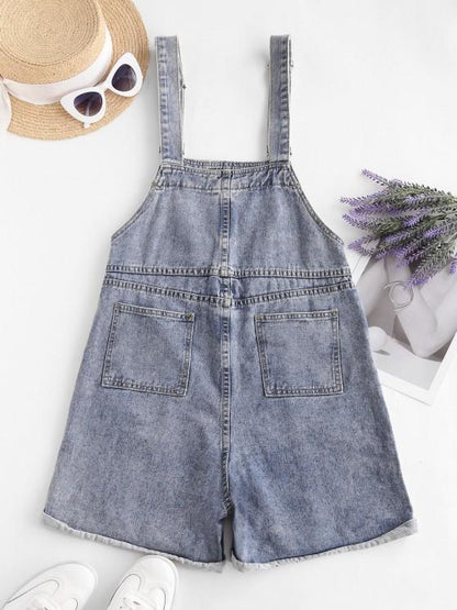 Denim Cuffed Hem Pockets Overalls Romper - LuckyFash™