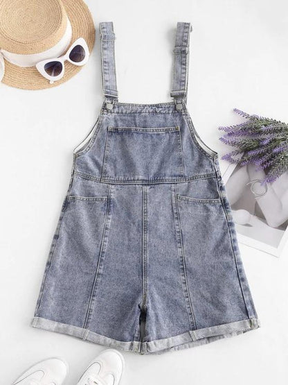 Denim Cuffed Hem Pockets Overalls Romper - LuckyFash™