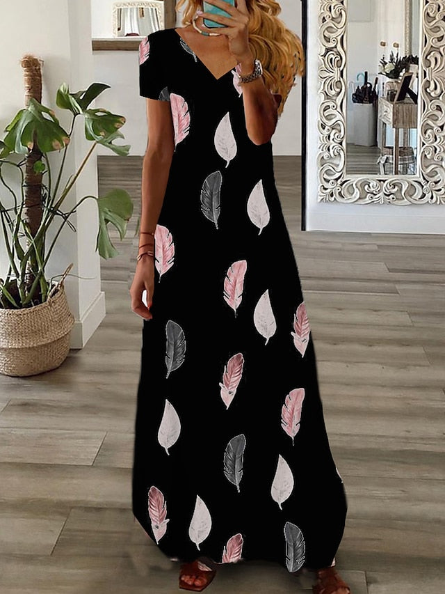 Women's Long Dress Maxi Dress Casual Dress Print Dress Graphic Fashion Modern Daily Holiday Vacation Print Short Sleeve V Neck Dress Regular Fit Black White Pink Summer Spring XS S M L XL - LuckyFash™