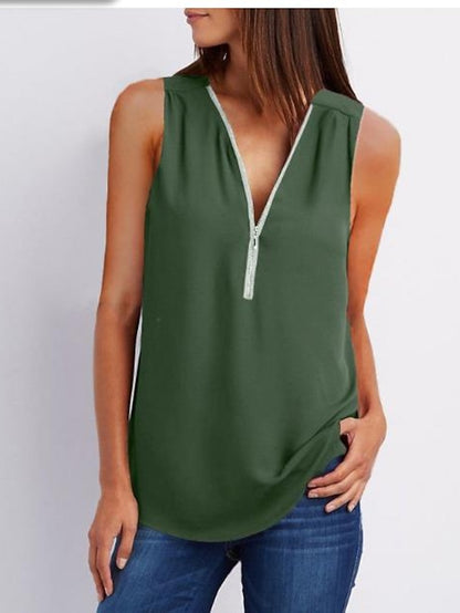 Zipper Up Tunic Vest Summer Casual Short Sleeve V Neck Half Tops Blouse for Women - LuckyFash™