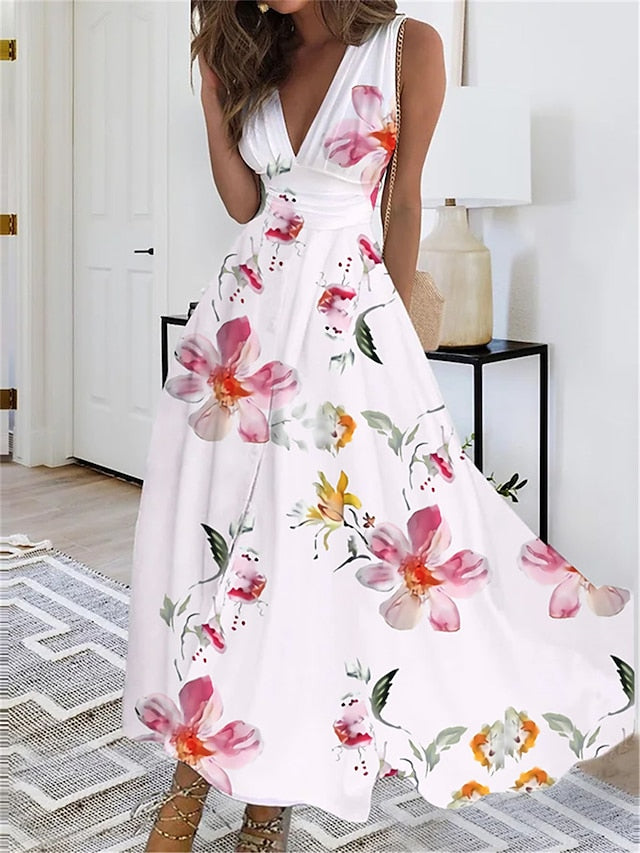 Women's Long Dress Maxi Dress Casual Dress Swing Dress A Line Dress Floral Butterfly Fashion Streetwear Outdoor Daily Date Print Sleeveless V Neck Dress Regular Fit Black White Yellow Summer Spring S - LuckyFash™