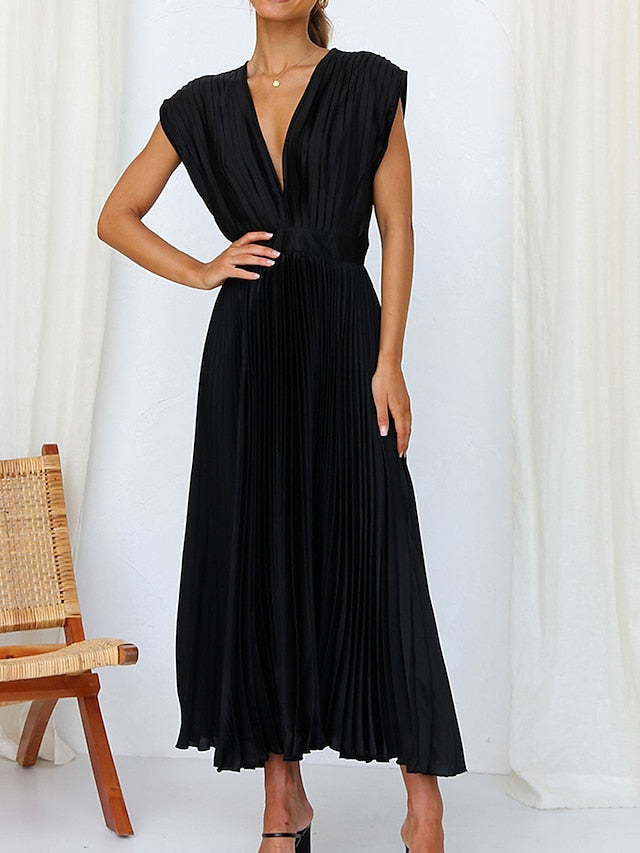 Women's Wedding Guest Dress Swing Dress Formal Dress Long Dress Maxi Dress Black Pink Red Sleeveless Pure Color Pleated Summer Spring Fall V Neck Party Evening Party Wedding Guest Vacation Loose Fit - LuckyFash™