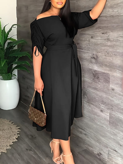 Women's Work Dress Swing Dress Semi Formal Dress Fashion Midi Dress Lace up Off Shoulder Long Sleeve Plain Loose Fit Black Red Blue Summer Spring S M L XL - LuckyFash™