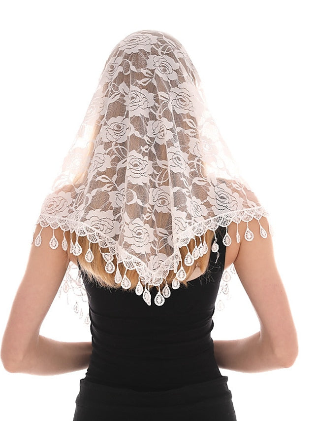 1pcs Solid Triangle Scarf for Church Shawl Catholic Church Prayer Shawl Hollow Floral Spanish Mantilla Lace Veil Wedding Cape for Women - LuckyFash™