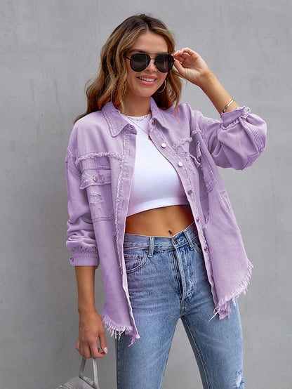Shacket Pink Purple Orange Plain Button Pocket Long Sleeve Casual Daily Basic Shirt Collar Regular Denim S for Women - LuckyFash™