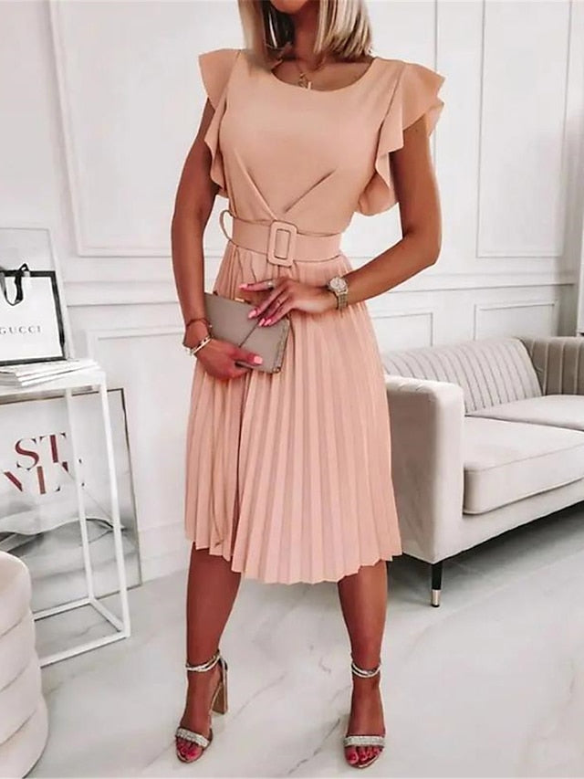 Women's Work Dress Semi Formal Dress Fashion Midi Dress Ruffle Crew Neck Short Sleeve Plain Regular Fit Pink Fuchsia Orange Spring Summer S M L XL XXL - LuckyFash™