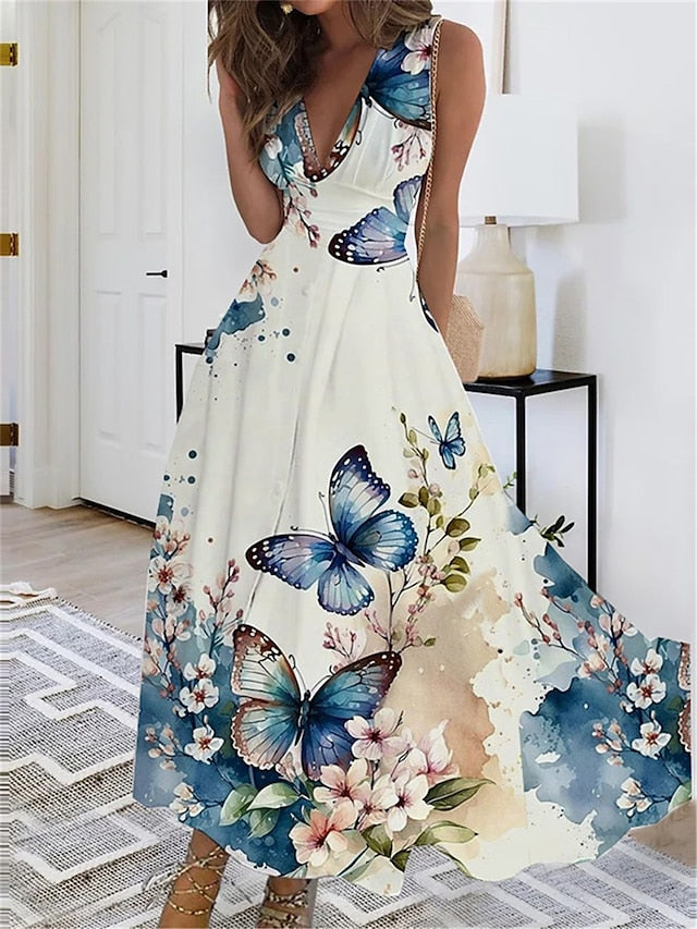 Women's Long Dress Maxi Dress Casual Dress Swing Dress A Line Dress Floral Butterfly Fashion Streetwear Outdoor Daily Date Print Sleeveless V Neck Dress Regular Fit Black White Yellow Summer Spring S - LuckyFash™