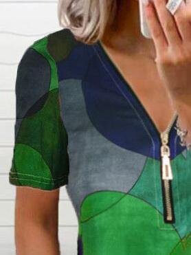 Dot Print Zipper V-neck Short Sleeves T-shirt - LuckyFash™